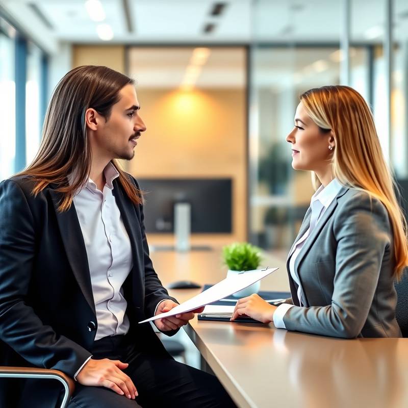 Een recruiter interviewt een kandidaat in een moderne kantoorruimte, symboliseert gevorderde interviewtechnieken