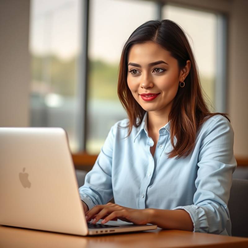 Een vrouw volgt een online cursus via haar laptop, symboliseert online interview coaching