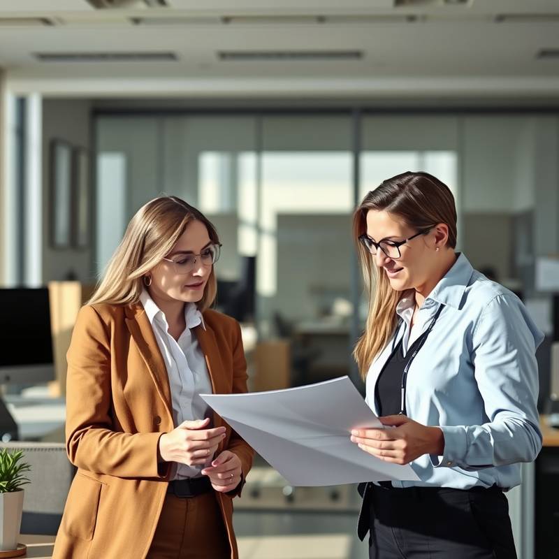 Twee collega's bespreken een document op een kantoor, symboliseert basis interview vaardigheden